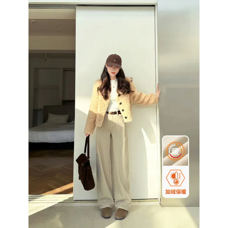 missrococo/洛可可小姐冬季加绒保暖奶茶色弯刀牛仔裤女百搭显瘦