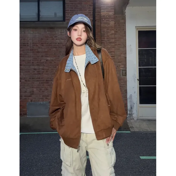美式复古格子拼接仿麂皮绒外套男女春秋季翻领美拉德球服休闲夹克