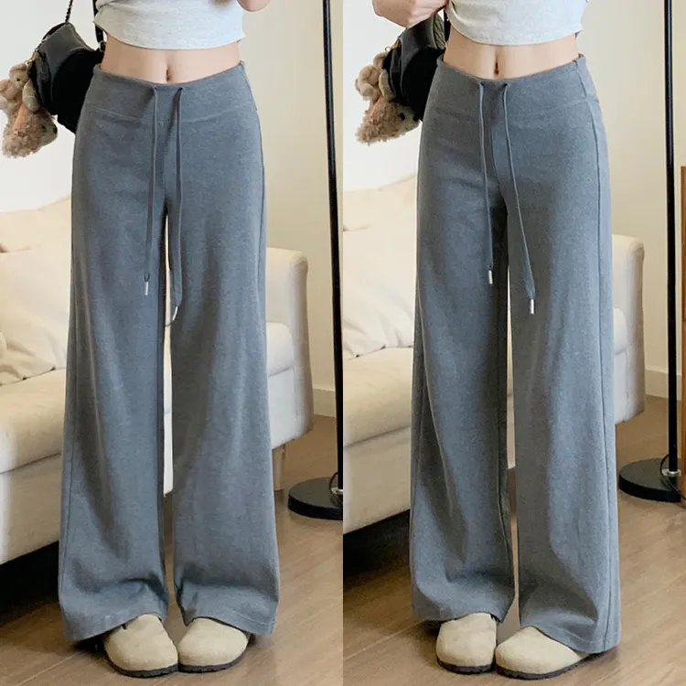 灰色直筒运动裤女春夏2025年新款高腰垂感显瘦小个子休闲阔腿卫裤