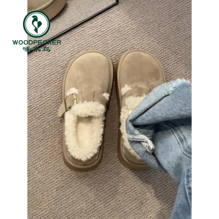 啄木鸟厚底加绒勃肯鞋女百搭一脚蹬毛毛鞋雪地靴小个子休闲棉鞋女