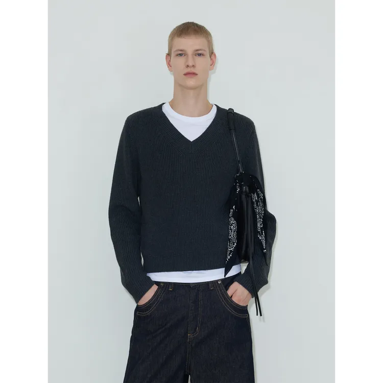 weave 静奢骨架衫 灰色垫肩v领羊毛毛衣时髦松弛慵懒直角肩套头