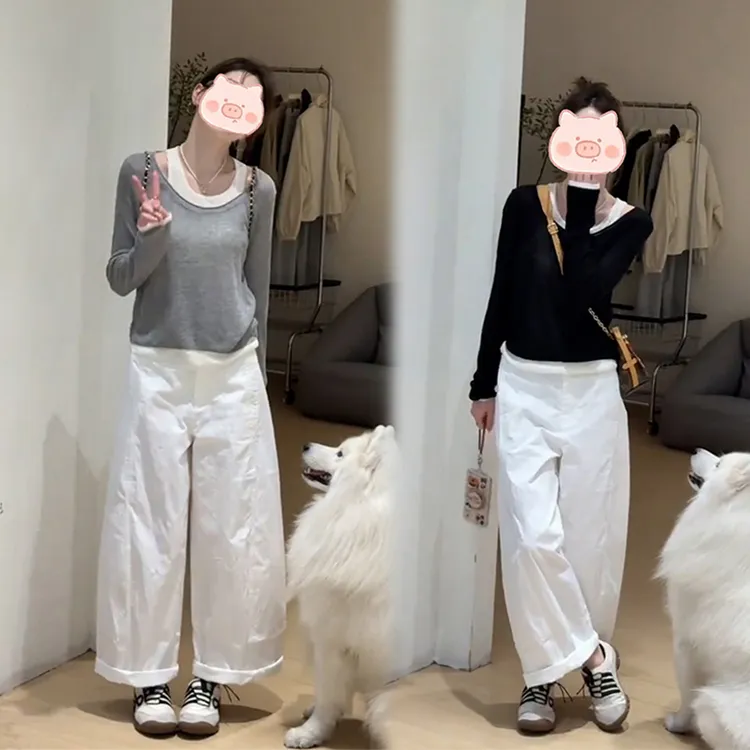 2025年秋季穿搭一整套假两件上衣长袖搭配高腰阔腿裤两件套女潮 