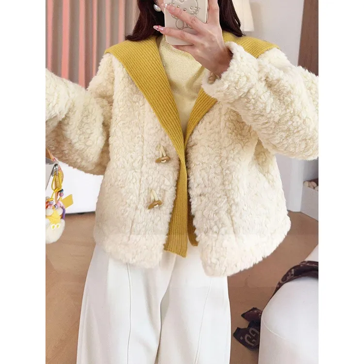 针织海军领毛毛加厚外套女款秋冬设计感保暖皮毛一体短款外搭上衣