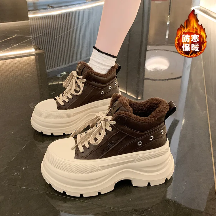 欧洲站超火高帮棉鞋女2025新款秋冬加绒增高小个子松糕马丁靴短靴