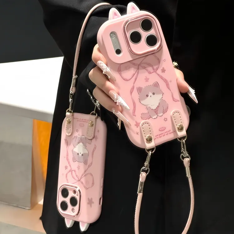 蝴蝶结小猫耳朵挂绳适用苹果16/17手机壳iPhone15小米vivoppo华为