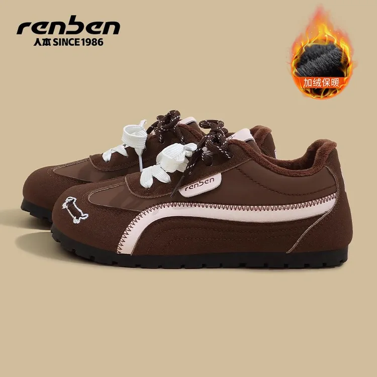 人本德训鞋女款加绒加厚2025秋冬季新款复古平底保暖棕色学生板鞋