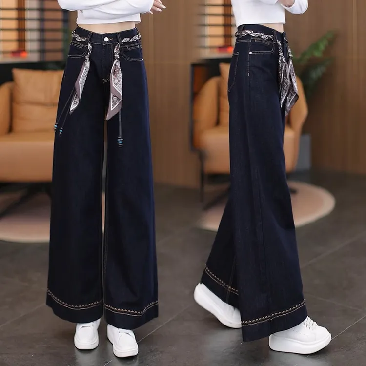 丹宁蓝丝巾腰绳阔腿筒喇牛仔裤女春秋新款高腰宽松遮肉显瘦微喇裤