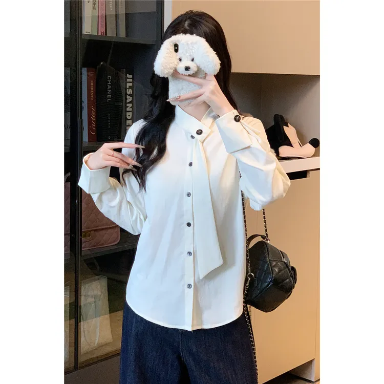 实拍现货 法式衬衫女别致上衣系带气质衬衣长袖设计感宽松雪纺衫