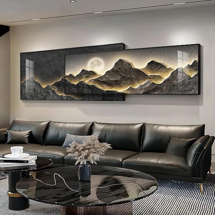 高档轻奢现代新中式叠加背有靠山客厅装饰画沙发墙背景装饰画