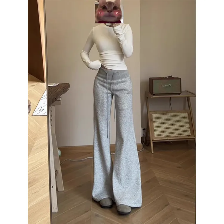 INS CEC春季灰色松紧腰微喇直筒阔腿卫裤女新款宽松拖地长裤子