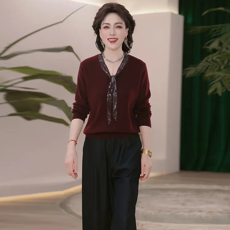 中年妈妈秋装针织衫2025新款时尚毛衣洋气中老年女装打底衫上衣服