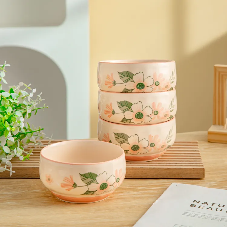 家用陶瓷餐具美二烧釉下彩珊瑚海系列4.5英寸石纹鼓形碗4个装