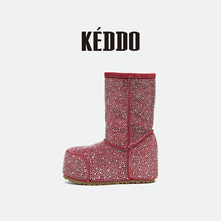KEDDO“太空靴”时尚烫钻优雅厚底增高雪地靴时尚纯色保暖高帮女鞋