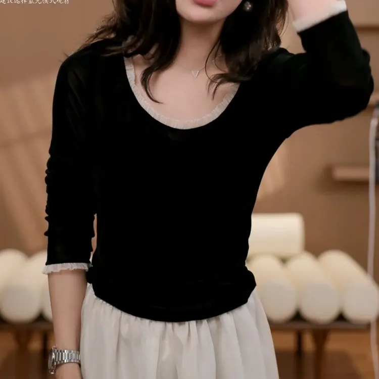 "氛围日记"春夏女款丝绒拼接花边黑色百搭打底衫上衣LK2502066