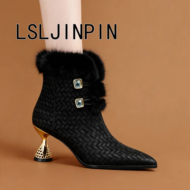 2025年新款欧美气质短靴女时尚轻奢百搭加绒保暖中跟尖头女靴3528