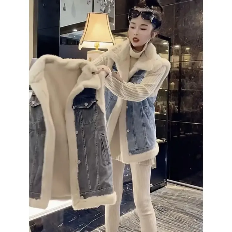 加绒加厚牛仔马甲外套女秋冬季新款韩版大码宽松显瘦百搭棉衣棉服