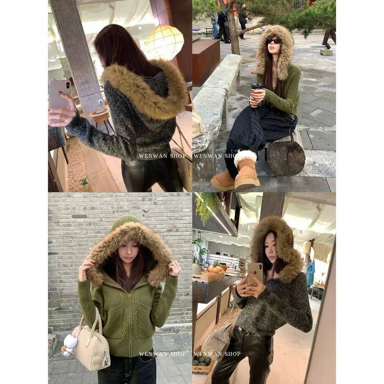 【私服专线】2色！毛领连帽小众设计百搭针织开衫