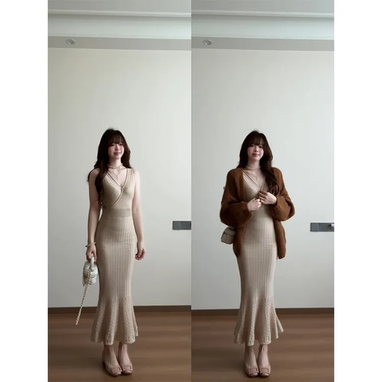 MARIE.COCO秋季新款温柔风软糯针织衫外套气质V领鱼尾连衣裙套装