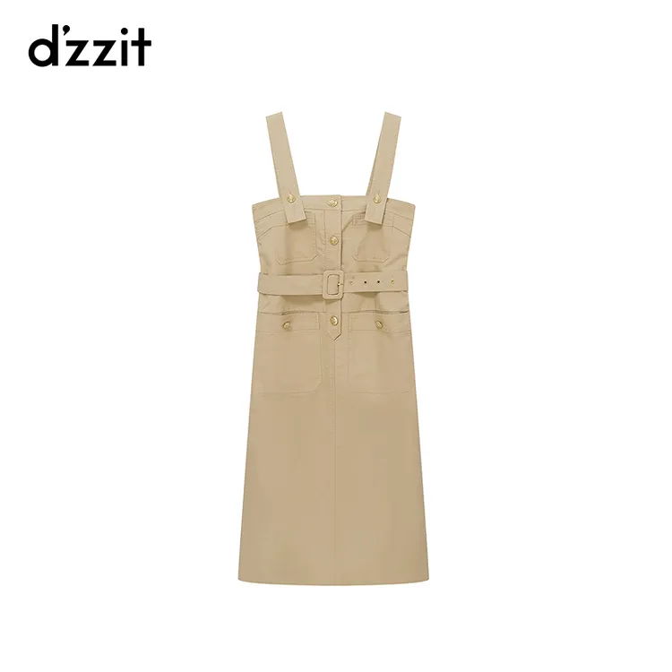 【专柜同款】dzzit地素背带连衣裙开叉设计附腰带直筒裙子女3I1O203