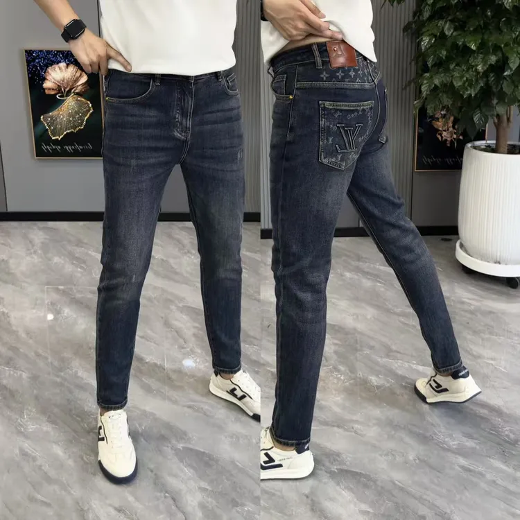 秋冬新款男式牛仔裤深蓝色小脚裤英伦风潮流提花长裤修身显瘦裤子