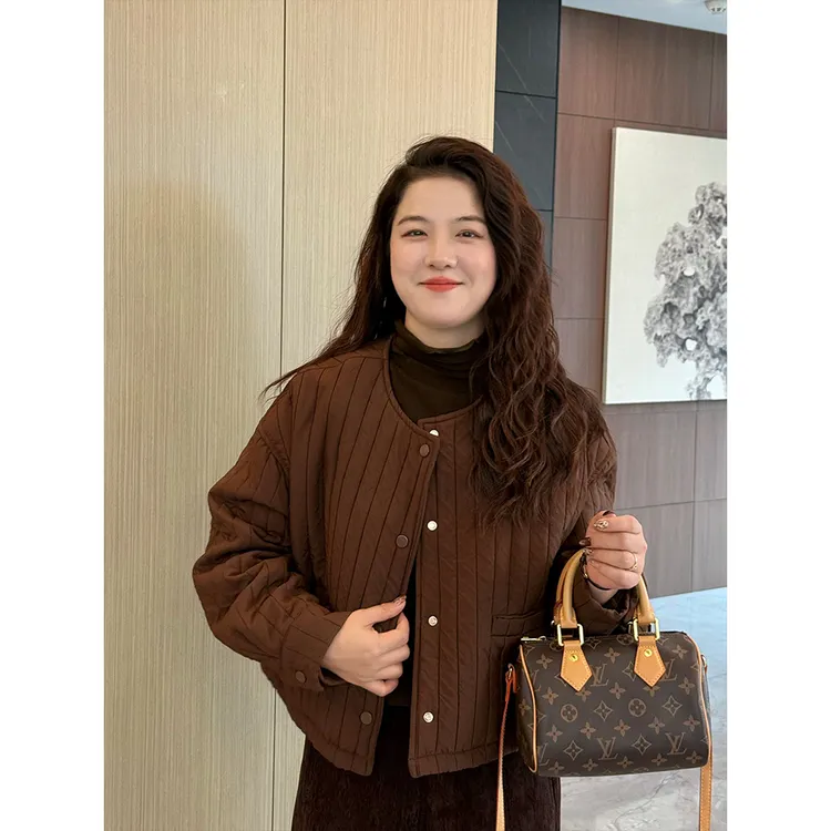 WenWen小个子25秋冬新款百搭修身竖条纹加厚保暖棉服外套4536