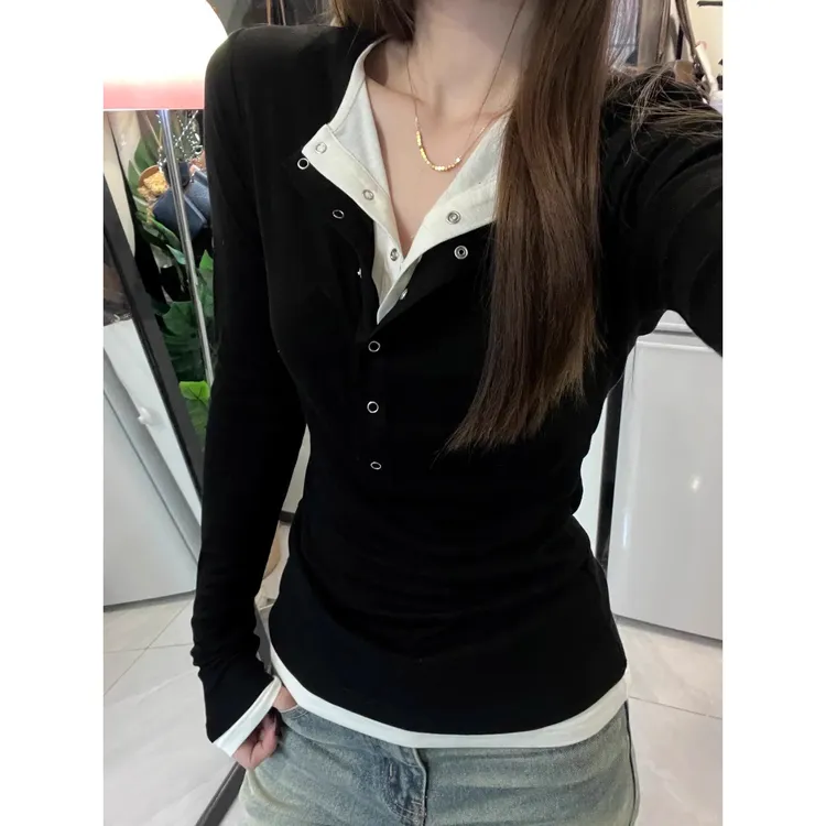 韩系辣妹风亨利领假两件正肩长袖t恤女早秋美式修身显瘦V领打底衫