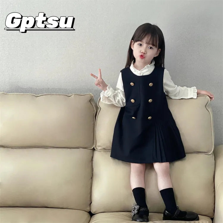 GPTSu春秋款童装女童学院风连衣裙韩版中小童洋气衬衫裙子两件套