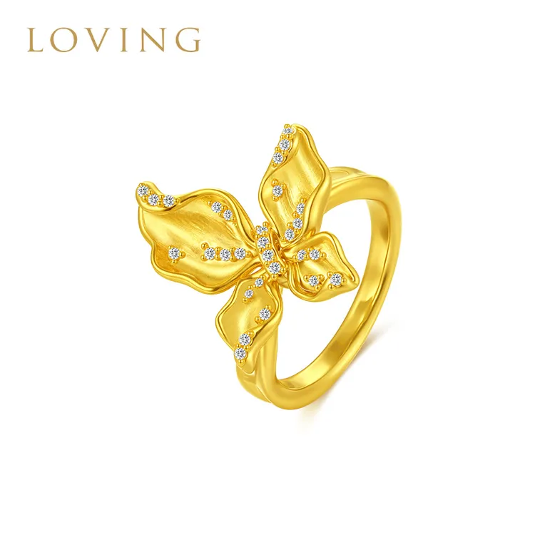 LOVING黄金月影漫舞蝴蝶戒指999足金梦幻金蝶戒送女友生日礼物