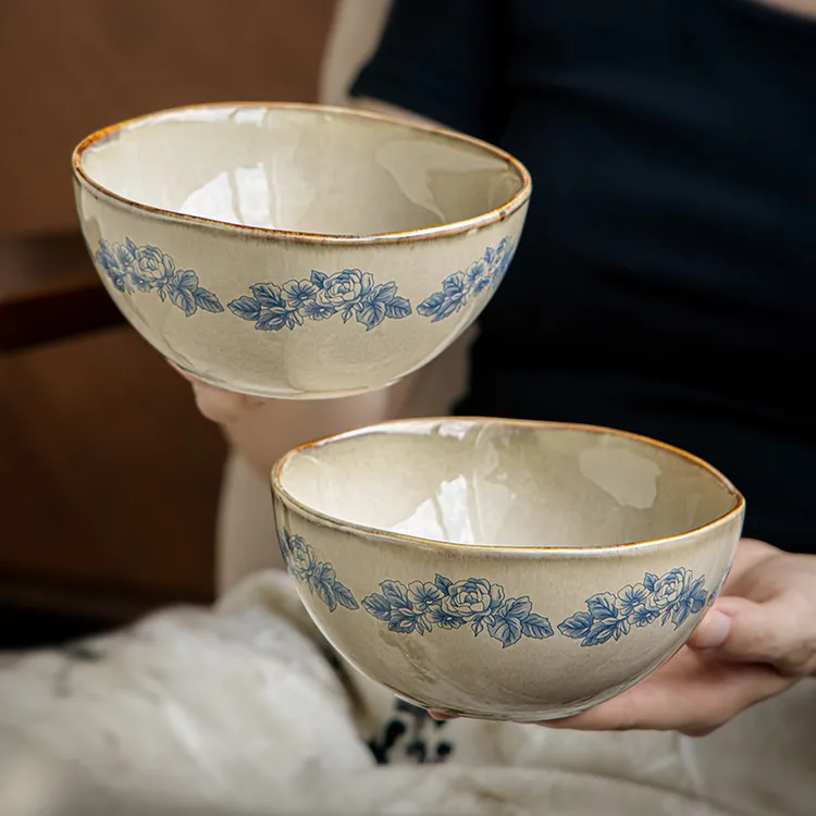 小悠家 好看的碗复古5.5英寸青花陶瓷碗饭碗家用不规则面碗糖水碗