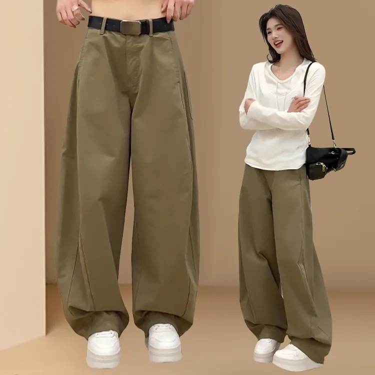 美式复古卡其色弯刀裤女2026春秋季新款设计感宽松阔腿直筒长裤子