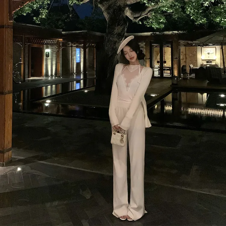 2025秋季新款ins气质针织开衫小外套+网纱挂脖吊带+高腰直筒长裤