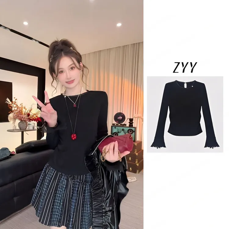 ZYY【自成焦点】2025S/S新品高弹力袖口绣花长袖打底衫X25QDS02943