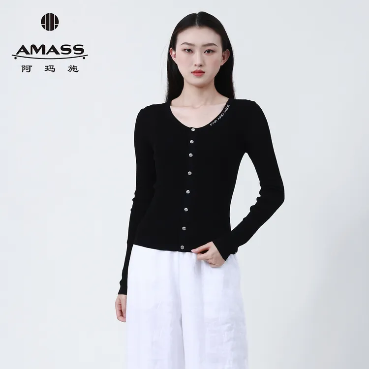 阿玛施AMASS品质女装时尚质感大圆领修身显瘦针织开衫黑色548019