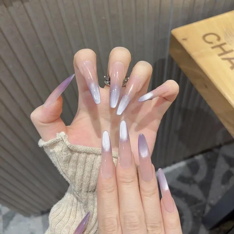 【紫素甲】新款纯手工紫色猫眼冰透渐变穿戴甲简约百搭显白渐变美甲