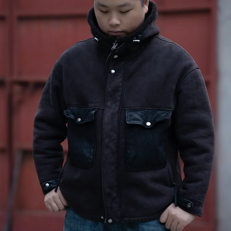 2678原生态皮毛一体重水洗醇植酱染男装连帽时尚休闲外套冬季皮草