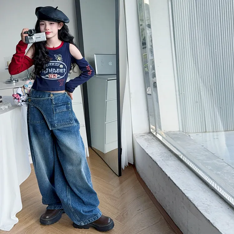 【酷哒仔】女童美式露肩长袖屁帘牛仔裤子两件套装2025秋季中大童潮