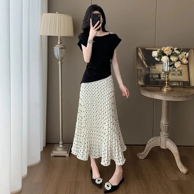 2025夏款新款洋气一字领别致上衣设计感波点收腰半身裙两件套装