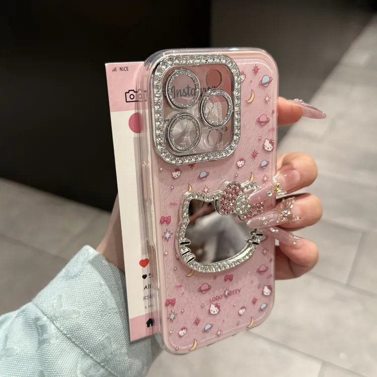 ins轻奢二合一闪粉适用苹果17手机壳KT猫镜子16星球月亮涂鸦15pro