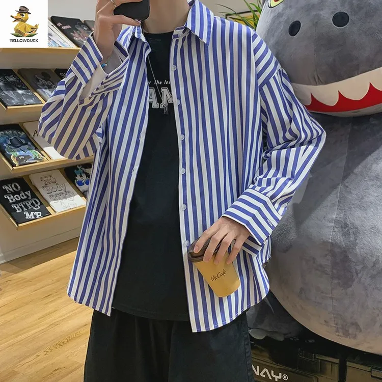 日系条纹衬衫男2025年潮牌宽松原宿风休闲寸衫制服长袖衬衣外套