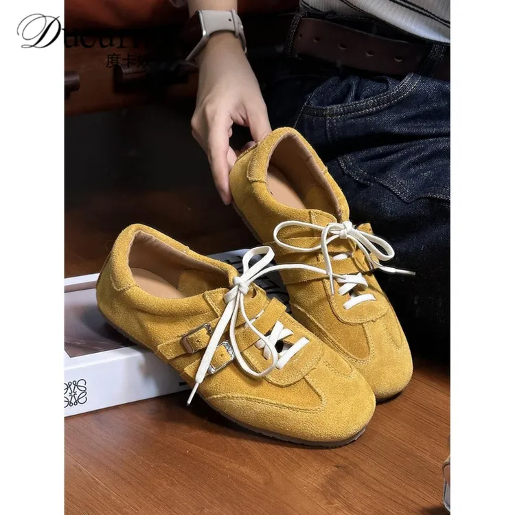 牛皮时尚复古圆头系带软底德训鞋女2025新款平底阿甘鞋休闲运动鞋