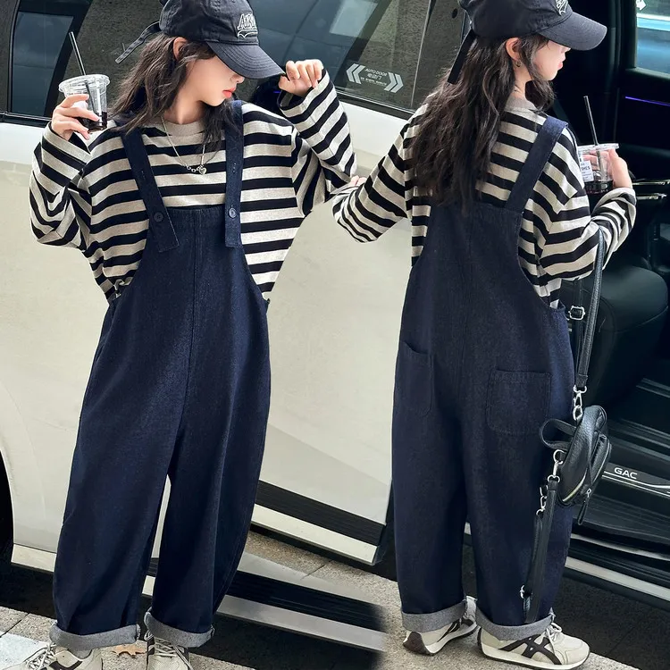 女童背带裤套装2025秋季新款中大童条纹上衣洋气吊带裤子两件套潮