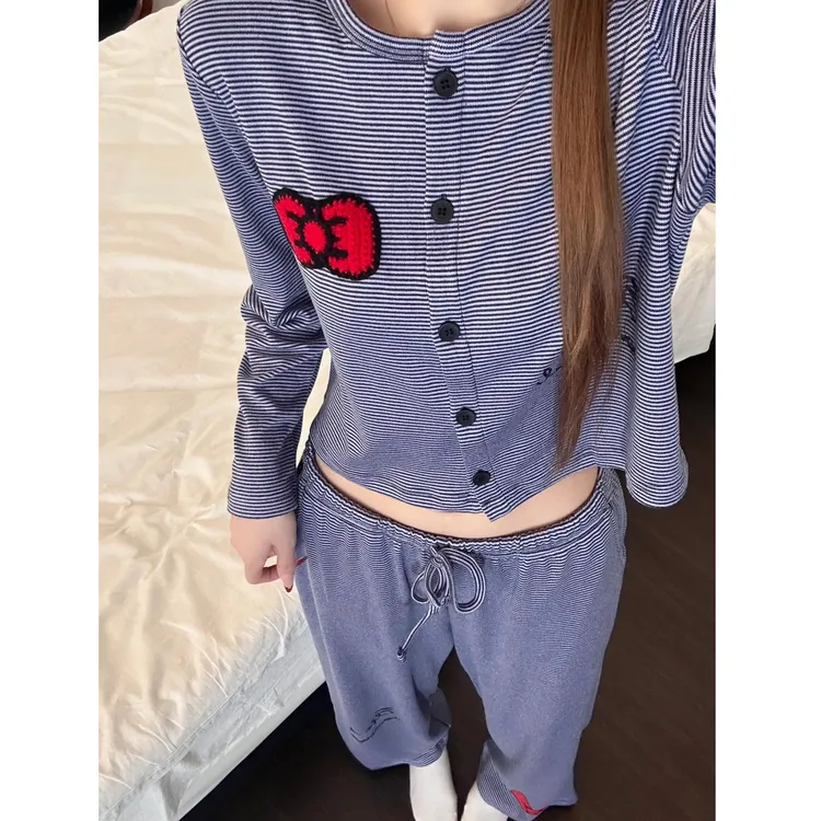 韩系条纹长袖睡衣女款夏季2025新款大码家居服开衫长裤家居服套装