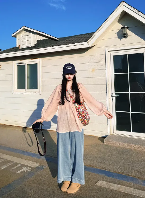 2025夏季新款韩系轻盈感灯笼袖上衣防晒小衫复古阔腿牛仔裤