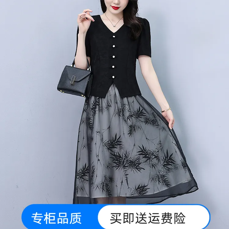 遮肚显瘦连衣裙中式盘口2025夏季大码中年妈妈气质高端雪纺两件套