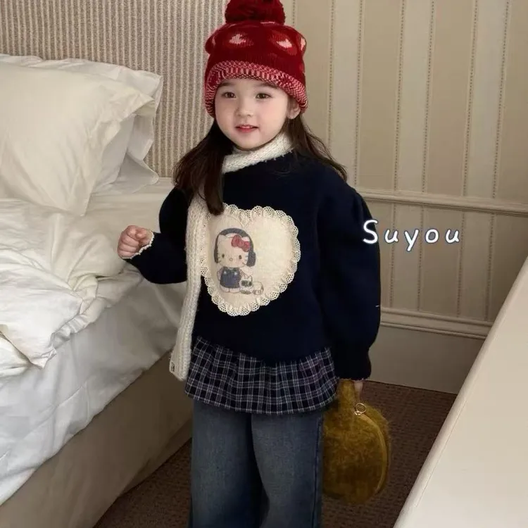 女童爱心毛衣秋冬款儿童韩版可爱贴布针织衫女宝宝红色毛线衣