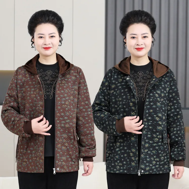 大码妈妈装春秋新款碎花门襟连帽外套冬季款加绒加棉上衣宽松6058