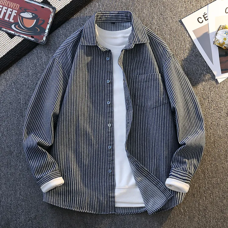 2025秋季条纹衬衫长袖宽松衬衣外套潮牌潮流男装时尚休闲男装衬衫