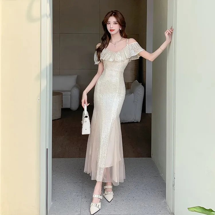 名媛风鱼尾裙夏天一字肩裙子2024新款名媛荷叶边一字肩性感气质吊
