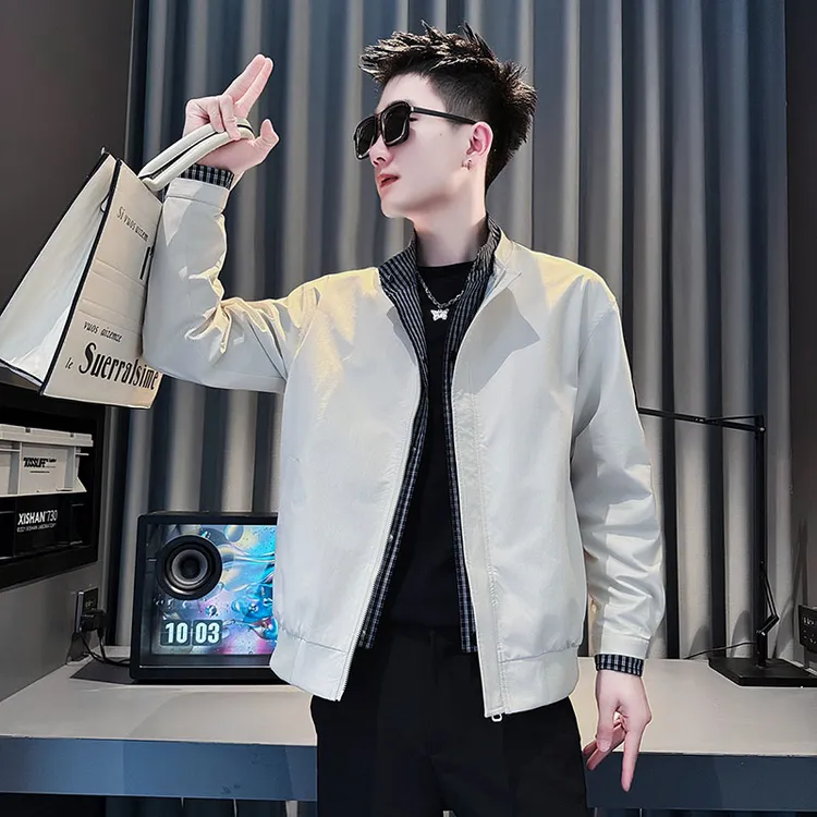 高级感男士撞色外套男装上衣秋冬季新款潮牌短款夹克修身加棉褂子