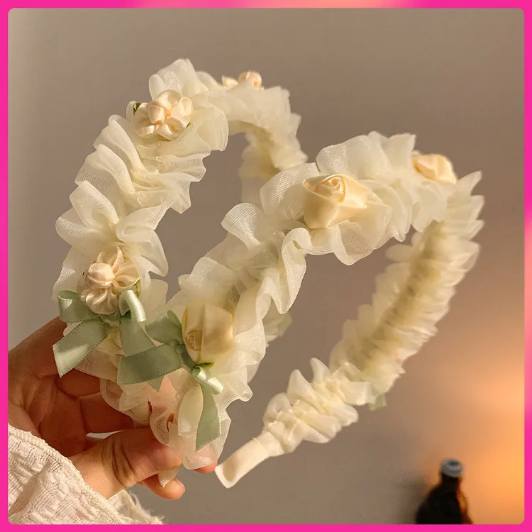 新款宽边网纱褶皱发箍女春夏高颅顶玫瑰头饰超仙非镶嵌合金材质